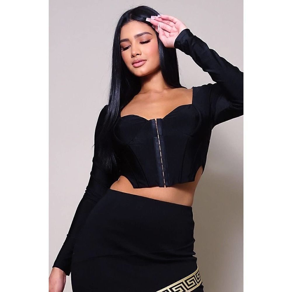 ‎Black Long Sleeve Corset Top